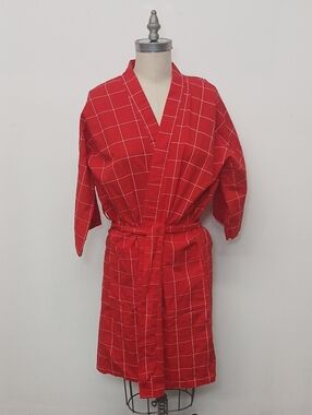 Vintage Kimono One Size Red Windowpane Cotton Robe